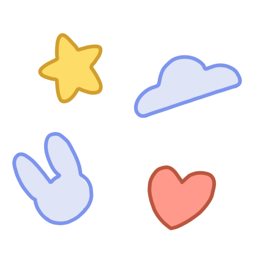 Four simplified stickers; a star, a cloud, a bunny, and a heart. All with white outlines around them